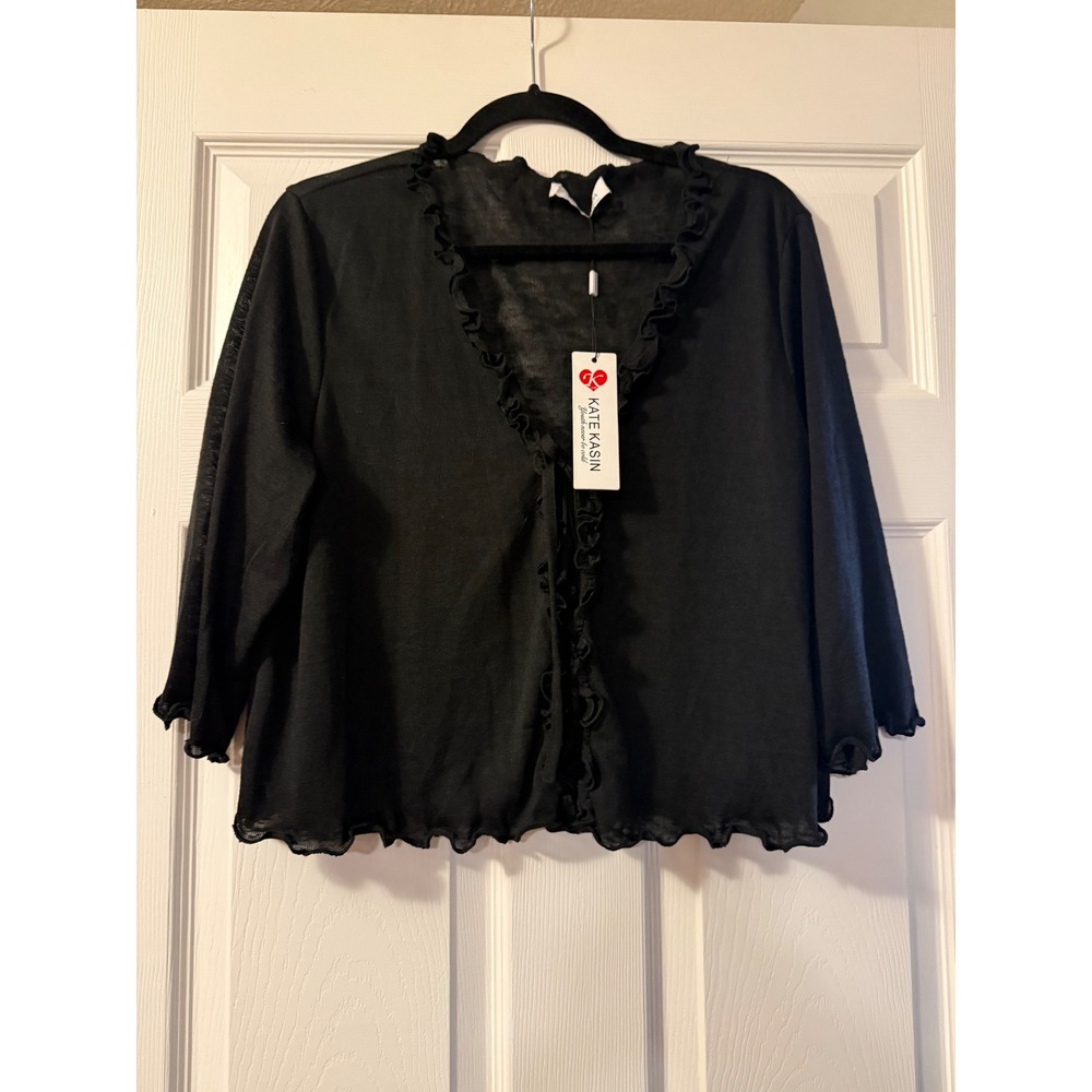 Kate Kasin Black Ruffle Sheer Knit Shrug Cardigan Tie Front Bolero XL